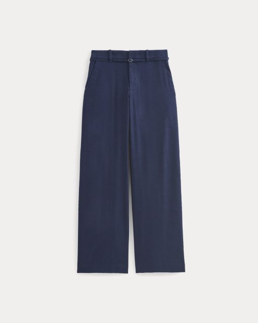 Alternative view of Wide-Leg Belted Pant in Stretch Linen | Navy | Long
