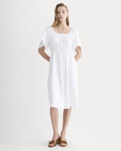 The Flutter-Sleeve Dress in Stretch Linen | White