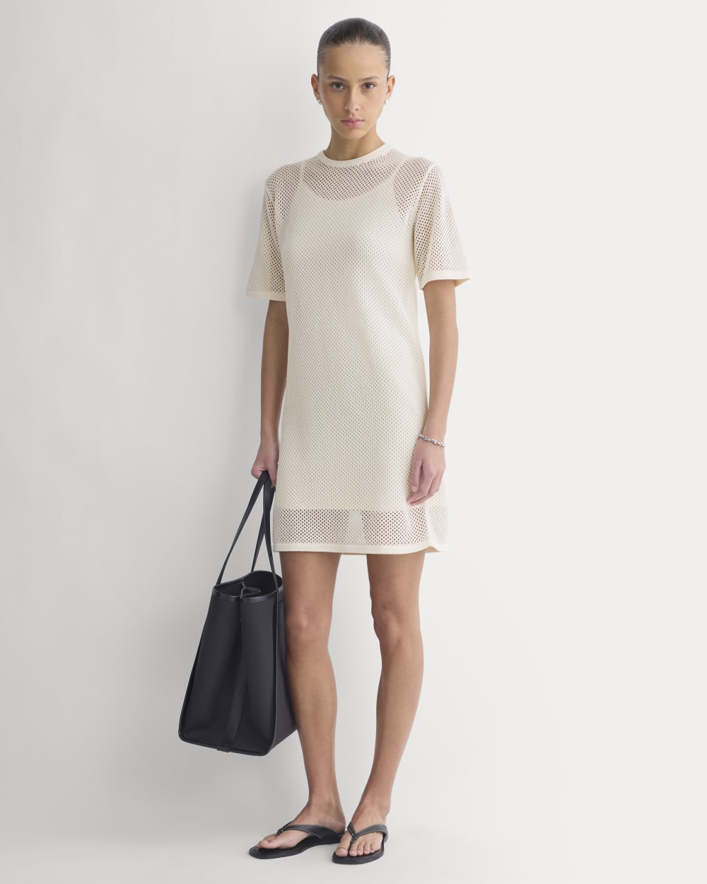 Mesh-Knit Short-Sleeve Dress | Bone