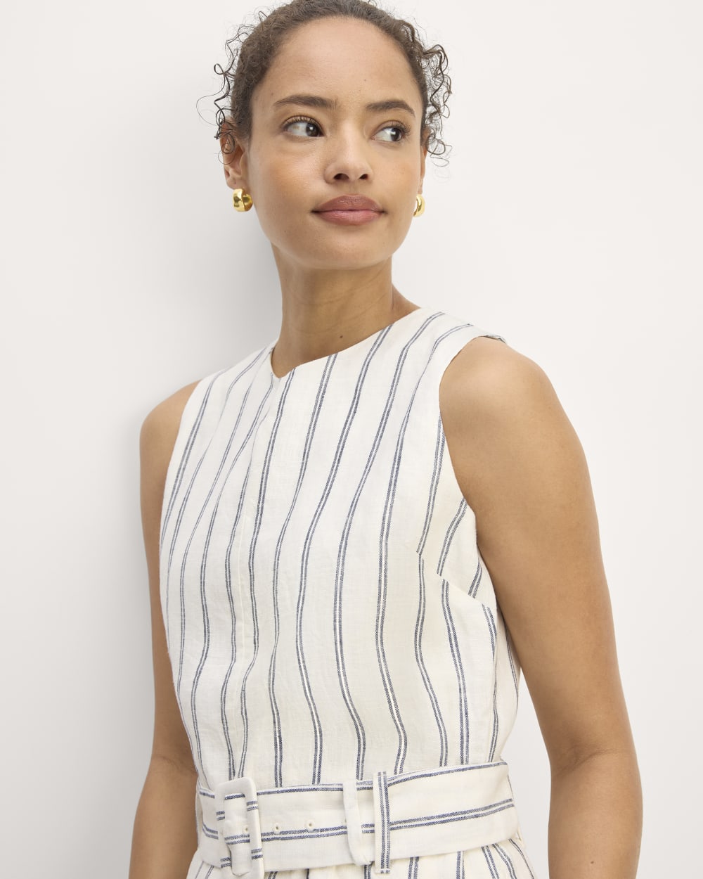 The Linen Belted Midi Dress | Bone/Navy - Image 3
