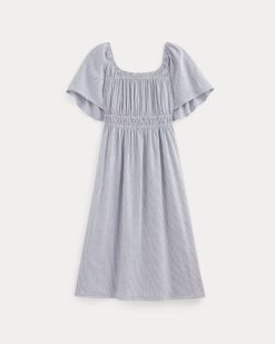 Alternative view of The Flutter-Sleeve Dress in Stretch Linen | White / Dutch Blue