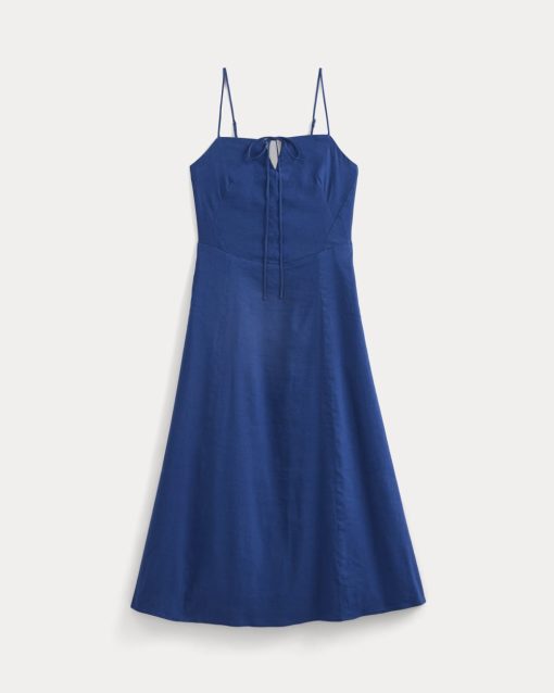 Alternative view of Tie-Neck Dress in Stretch Linen | Estate Blue