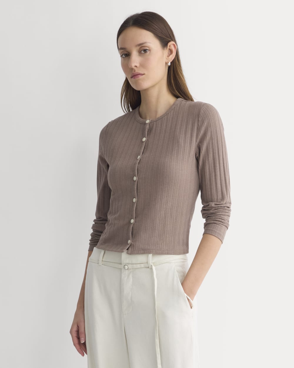 Cardigan in Pointelle | Heathered Chocolate Chip