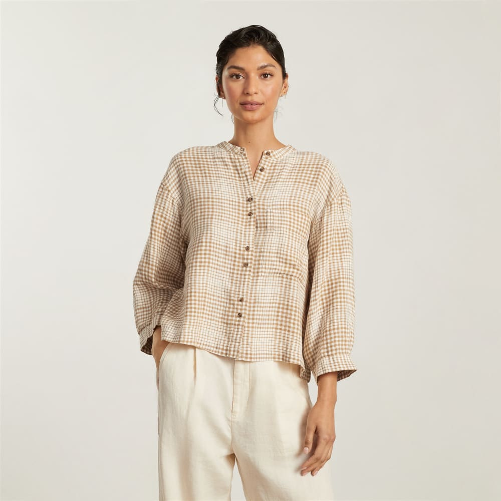 The Linen Billow Blouse | Iced Coffee Grid - Image 2