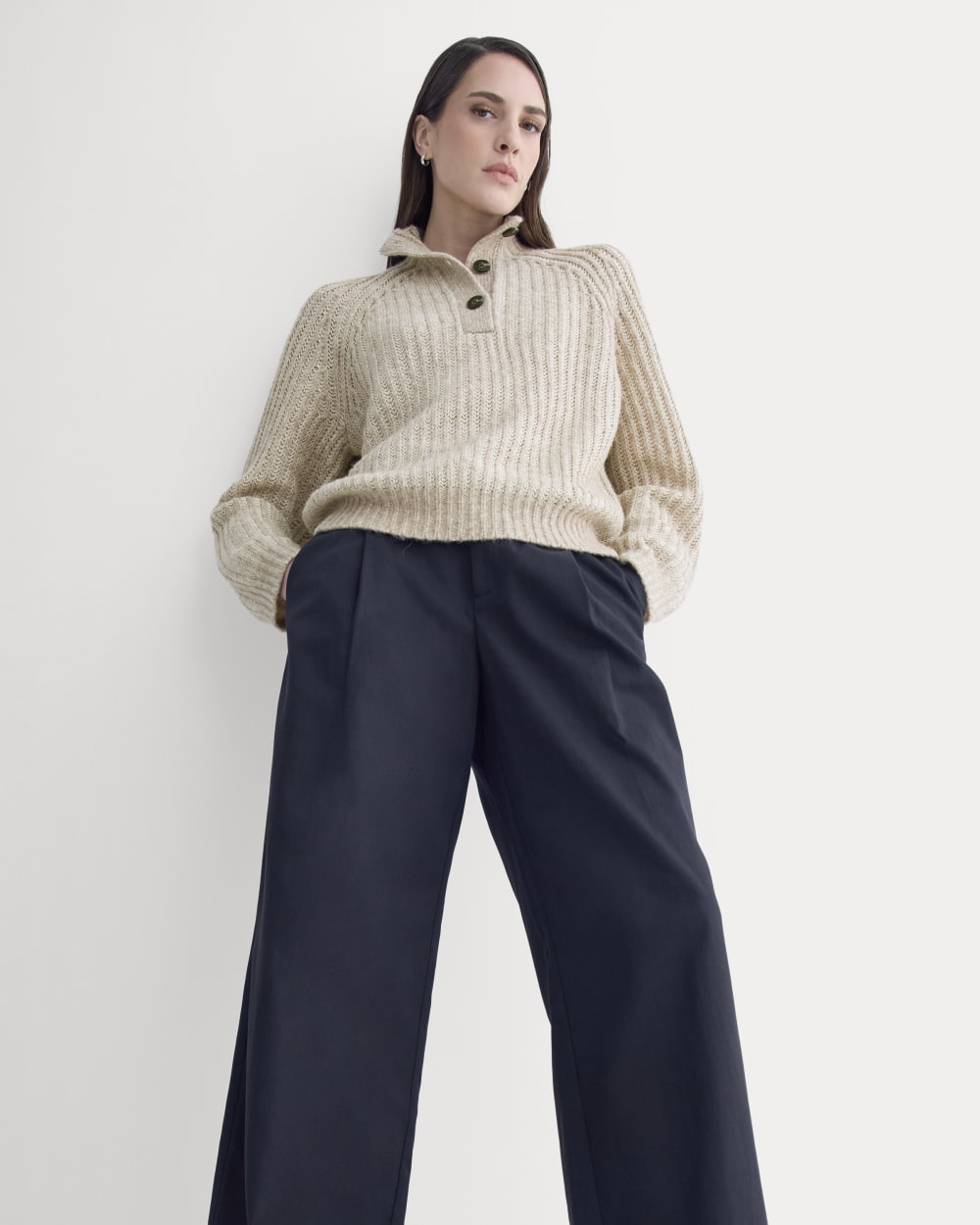 Funnel-Neck Ribbed Henley Sweater | Heathered Almond / Bone Vertical Stripe - Image 5