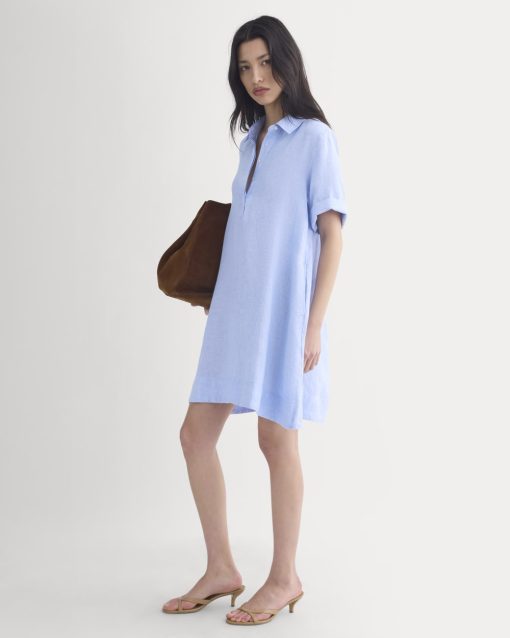 Mini Popover Shirtdress in Linen | Light Blue