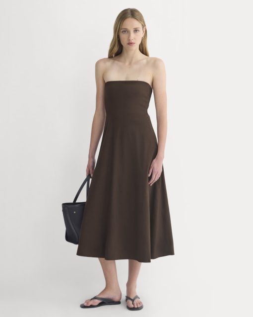 Strapless Dress in Stretch Linen | Dark Brown