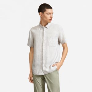 Alternative view of The Classic Short-Sleeve Shirt in Linen | Stone / White Stripe