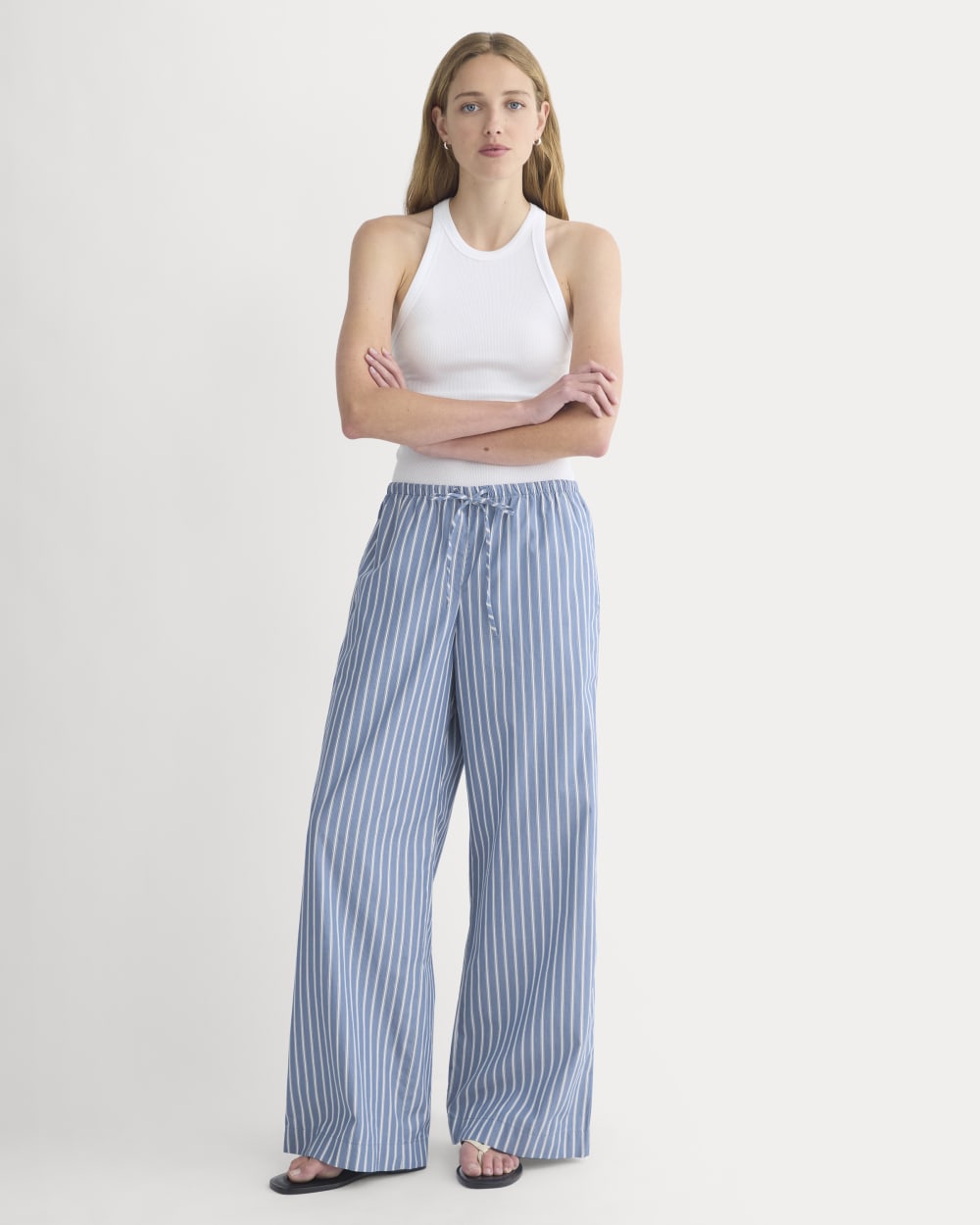 Wide-Leg Drawstring Pant in Washed Poplin | Dutch Blue / Bone
